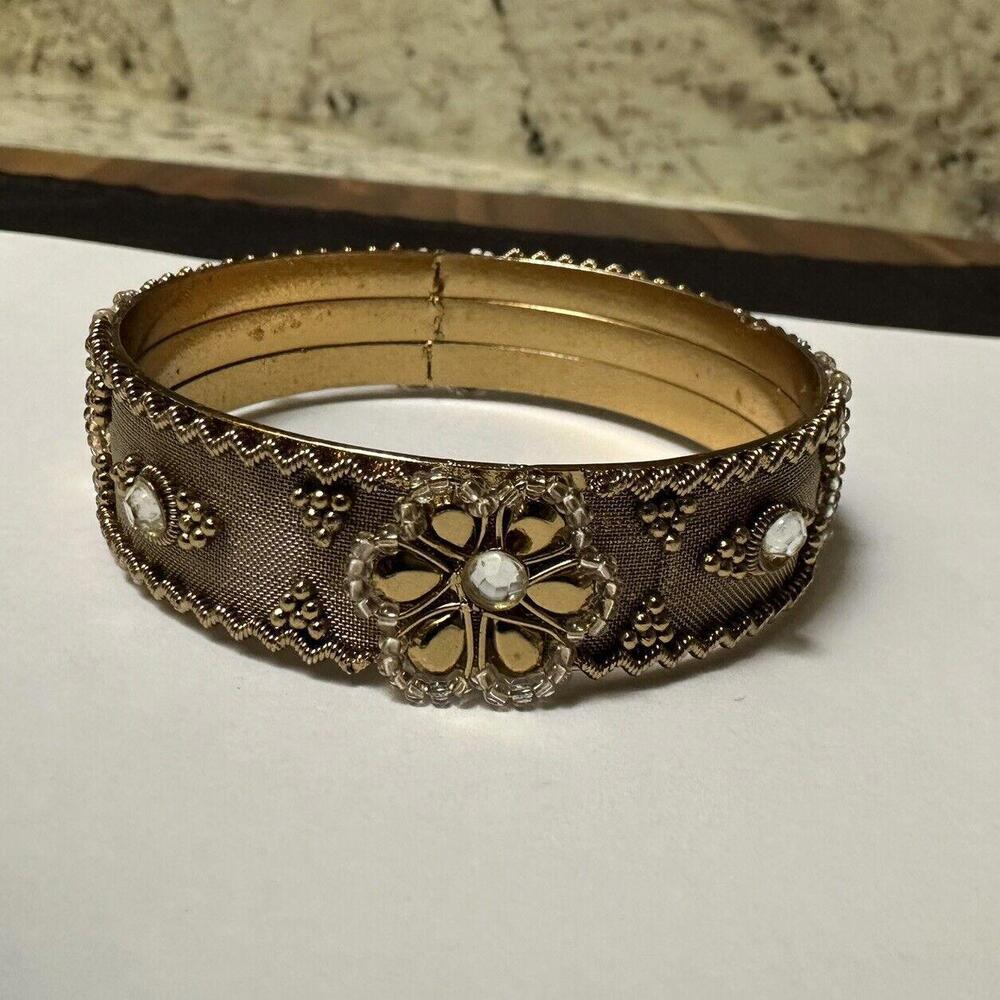 Indian Style Gold Tone Flower Mesh Bead & Rhinestone Bangle Bracelet 7 3/4 Inch